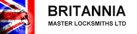 logo for Britannia Master Locksmiths, with a lion in the Union Jack